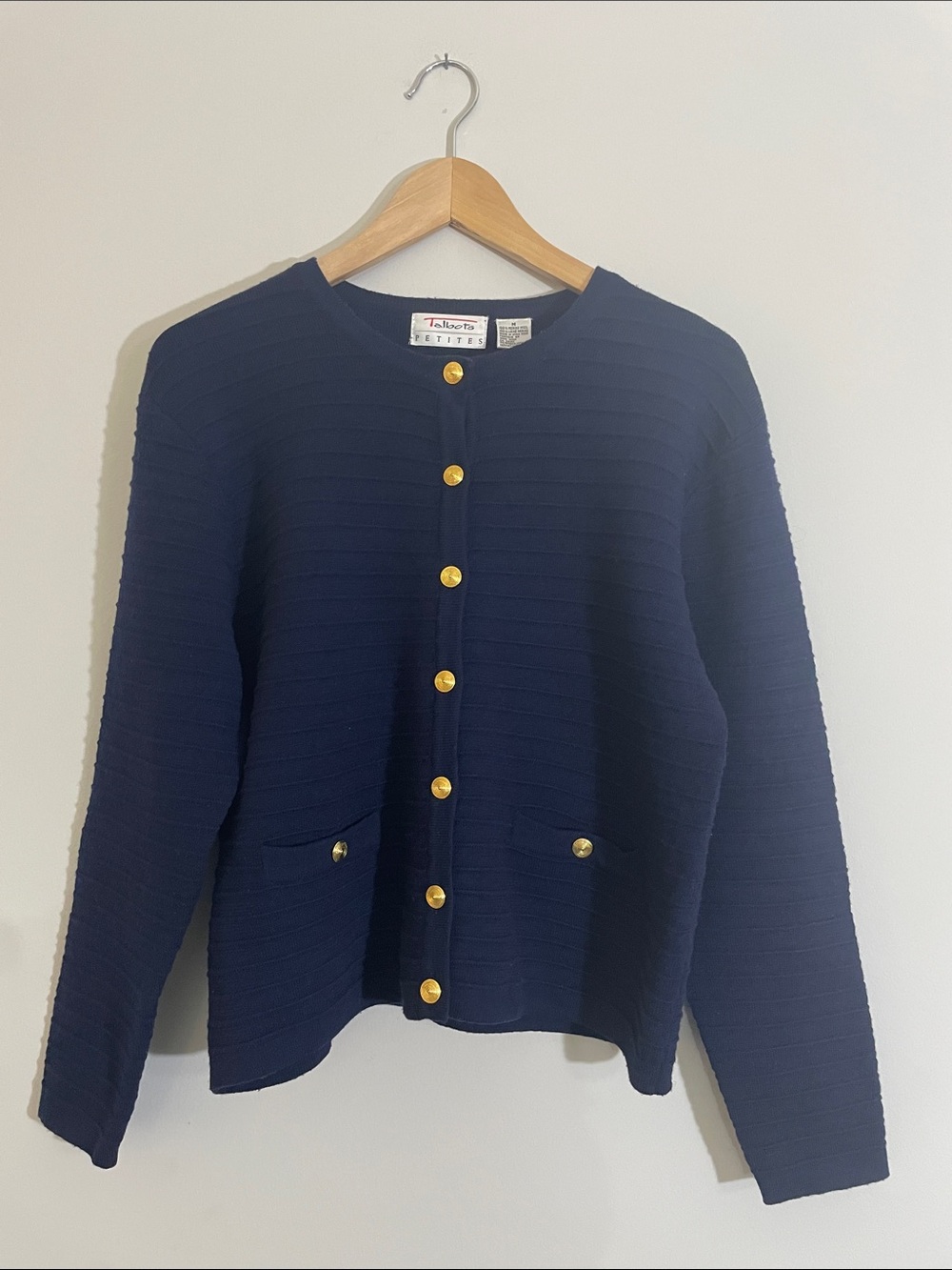 Vintage Talbots Navy Merino Wool Cardigan Gold Buttons Ribbed M Petites Blue